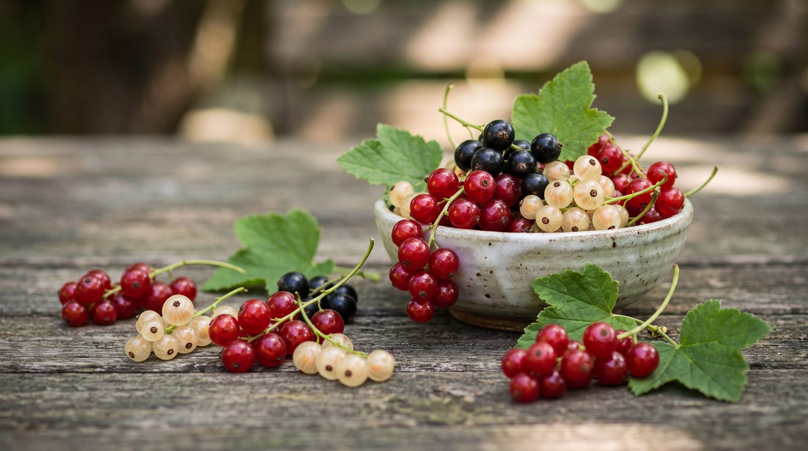 Rote, weiße und schwarze Johannisbeeren in einer Schale