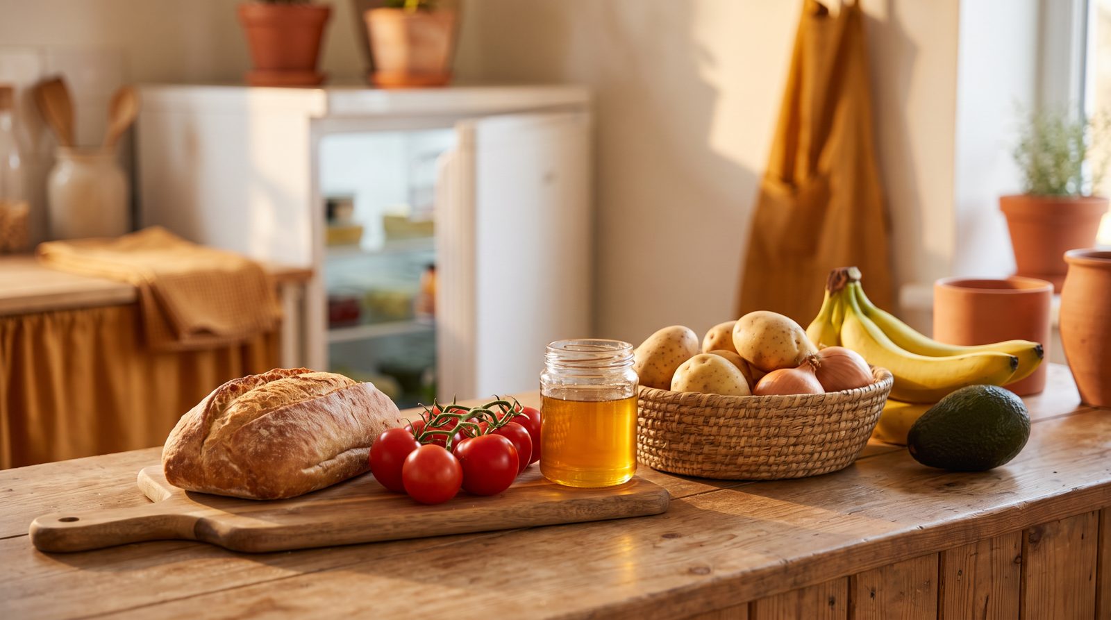 Tomaten, Brot, Honig, Kartoffeln und Zwiebeln auf der Küchenarbeitsplatte