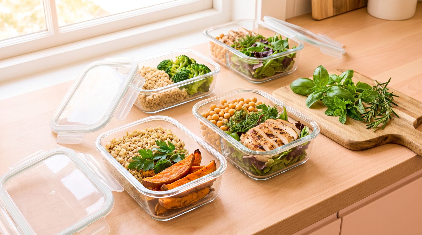 Meal-Prep-Boxen mit Quinoa, Gemüse, Kichererbsen und Hähnchen