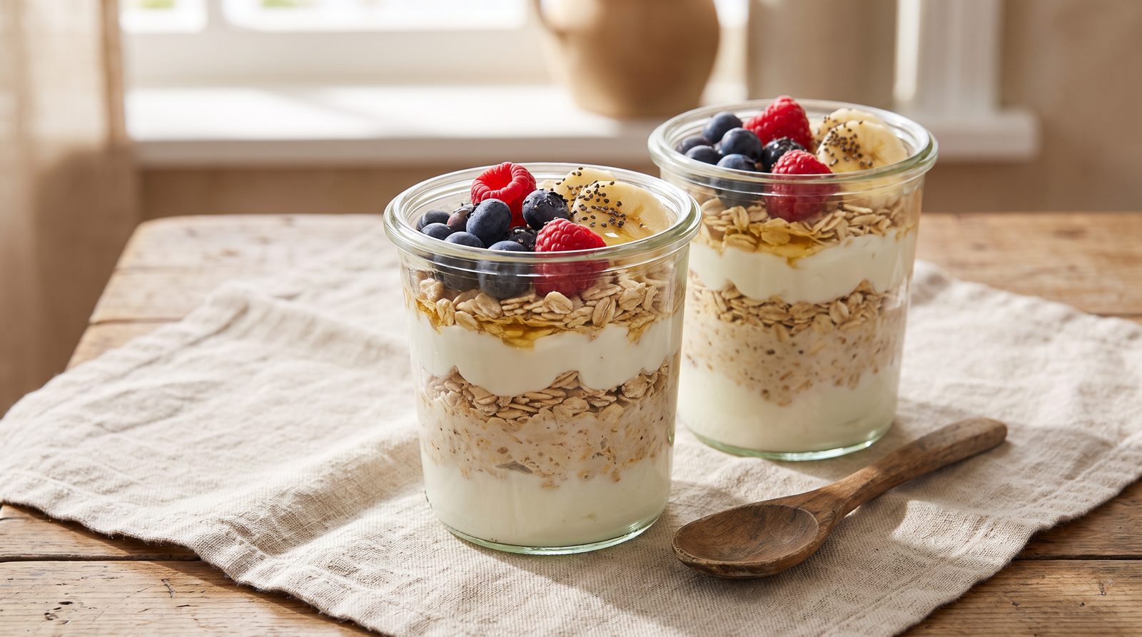 Zwei Gläser Overnight Oats mit Joghurt, Beeren und Banane